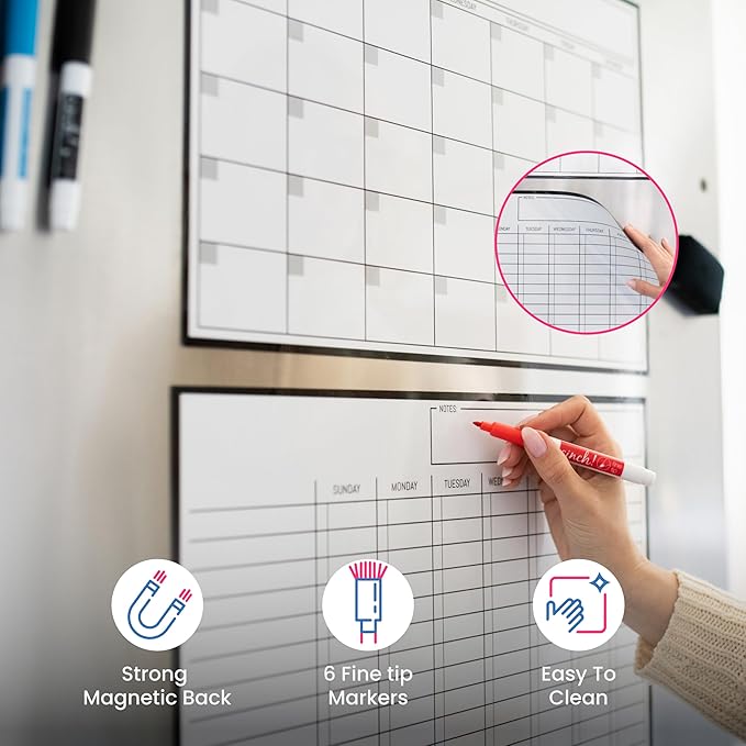 Cinch Magnetic Dry Erase Calendar & Chores Chart for Kids Bundle for Fridge: 2 Boards Included 17"x12", 6 Fine Tip Markers & Large Eraser w/Magnets, Chore Chart Magnetic Board for Kids and Adults