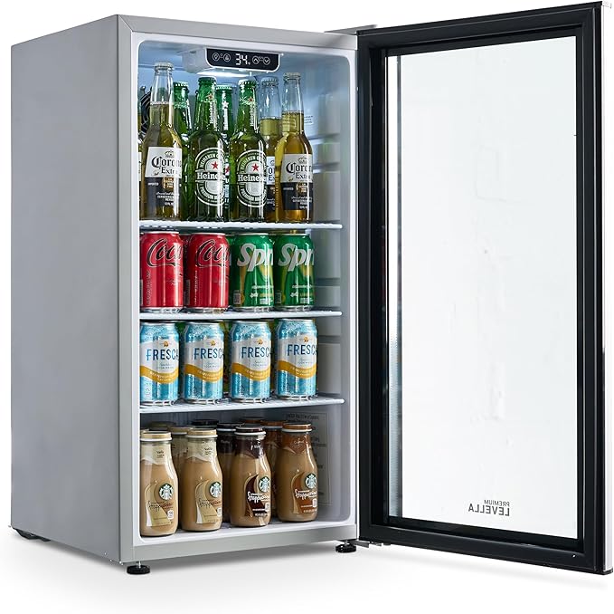 PremiumLevella PRF36DX Glass Door Display Refrigerator 3.1 cu ft Commercial Beverage Cooler Merchandiser - Silver
