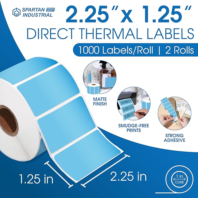 Spartan Industrial - 2.25" X 1.25" Direct Thermal Blue Labels (2 Rolls, 1000/Roll) Perforated Barcode Address Stickers - Compatible with Rollo, Zebra, MUNBYN Desktop Printers