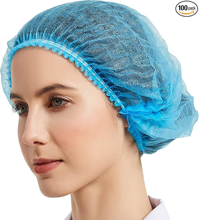 ProtectX 100-Pack Blue Disposable Hair Nets, Elastic Head Cover, Bouffant Caps, Sanitation Head Cover for Food Service, Spa Men & Women - 21 inch