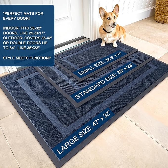 OLANLY Front Door Mat Indoor Outdoor Entrance, Waterproof All-Season, All-Weather Doormat, Sturdy Natural Rubber, Fade Resistant, Low Profile, Easy Clean Patio Porch Entryway Mat, 47x23, Blue