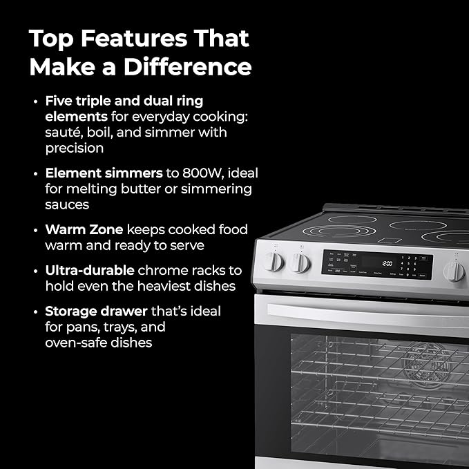 Kenmore 2296833 5.6 cu. ft. Front Control Electric Range Oven - True Convection with 5 Elements, Steam Clean Oven, Broil Function, Chrome Racks, Precision Set Controls, Large Window - Stainless Steel