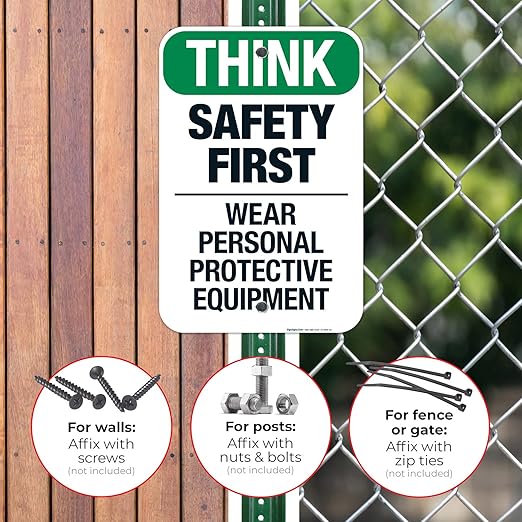 Think Safety First Wear Personal Protective Equipment Sign, 12x18 Inches, Rust Free .063 Aluminum, Fade Resistant, Made in USA
