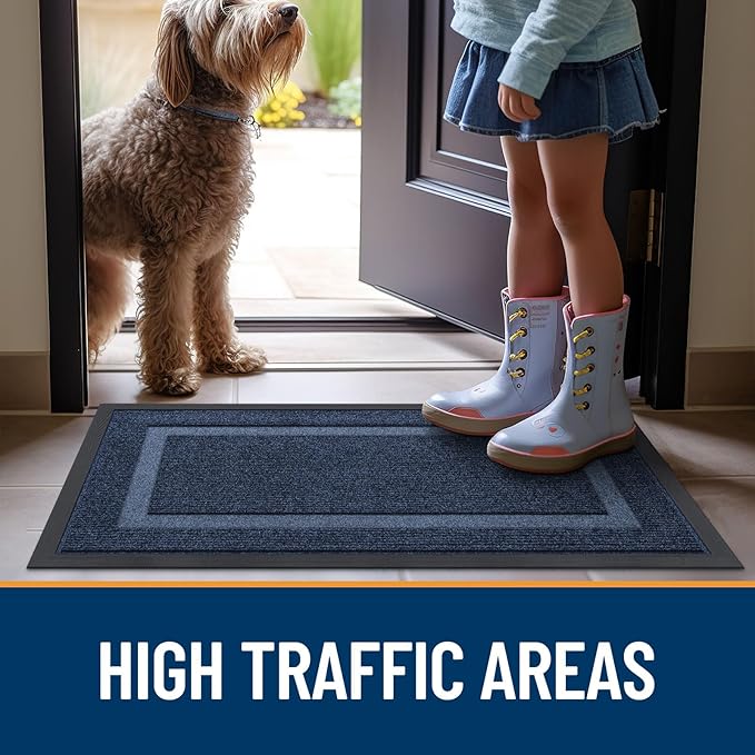 OLANLY Front Door Mat Indoor Outdoor Entrance, Waterproof All-Season, All-Weather Doormat, Sturdy Natural Rubber, Fade Resistant, Low Profile, Easy Clean Patio Porch Entryway Mat, 47x30, Blue