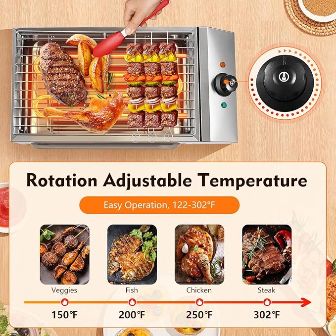1800W 110V Countertop Electric BBQ Grill, Commercial and Home Use Stainless Steel Barbecue Griddle Adjustable Temperature 122-302℉, Portable Barbecue for Processing Pancakes, Crispy Bacon
