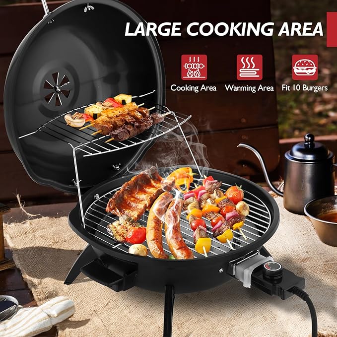 ROVSUN 1600W Tabletop Electric Grill with Temperature Control, Black 304 Stainless Steel Grill w/Double Layer Design, Portable & Removable, Small Stove for Indoor and Outdoor Use