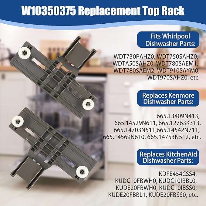 2 Packs W10350375 UPGRADED Replacement Top Rack Replace for kenmore whirlpool Dishwasher Parts, Replace W10712395 AP5957560, Dishwasher Upper Rack Parts Fit for WDT730PAHZ0 WDTA50SAHZ0 WDT970SAHZ0