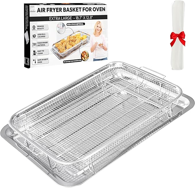18.7" X 12.8" Extra Large Air Fryer Basket for Oven, OvenCrisp Oven Air Fryer Basket and Tray Set With 30PCS Parchment Papers, Stainless Steel Air Fryer Pan and Crisper Tray for Frying Baking