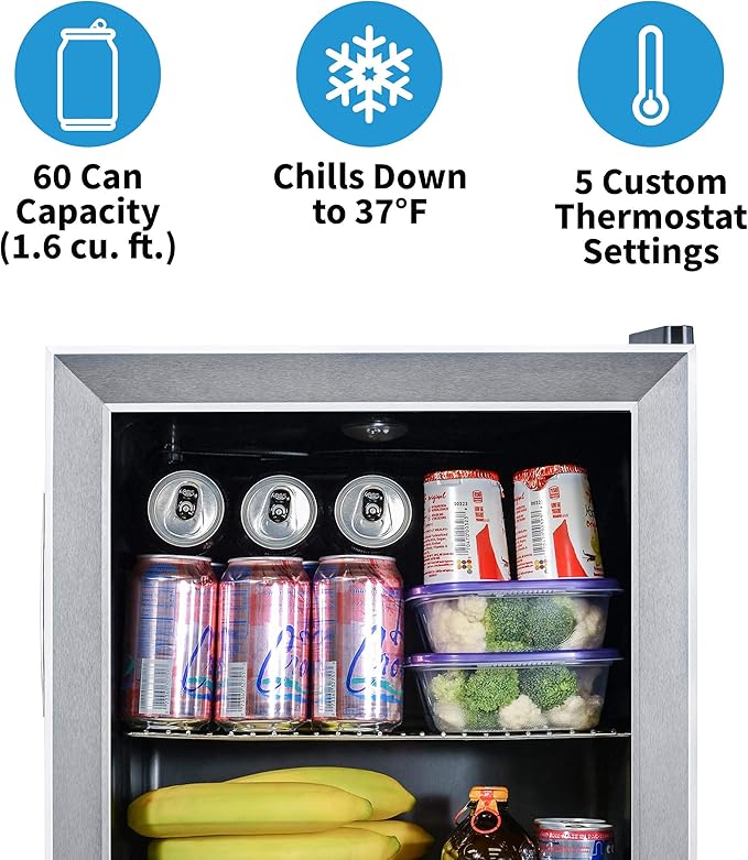 NewAir 60 Can Beverage Refrigerator | Compact Small Mini Fridge for Bedroom, Office or Dorm | Quiet Cooling, Adjustable Shelf & Glass Door Drink Cooler