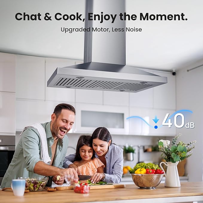 36In Island Range Hood, 390 CFM Stainless Steel Ducted Island Mount Range Hood, kitchen island vent hood with 3-Speed Fan, Touch/Gesture, 3 Stainless Steel Baffle Filters, Ceiling Mount