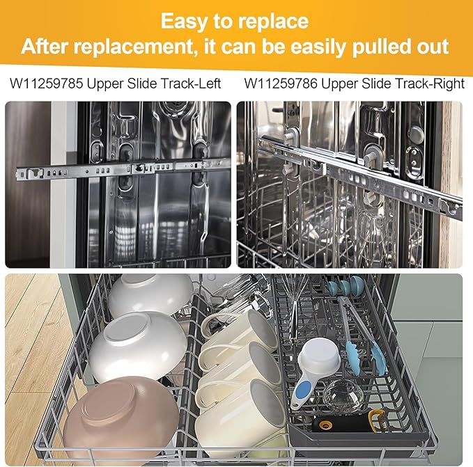 Upgraded W11259785 (Left) W11259786 (Right) Dishwasher Dishrack Slide Track, Compatible With Whirlpool, KitchenAid, Kenmore, Maytag Dishwasher