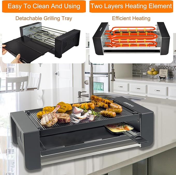TAMARIT Raclette Party Grill Portable Indoor Electric Korean BBQ Grill 2 in 1 Raclette Table Griddle with Nonstick Coating Plate 4 Pizza Pans 8 Cheese Trays Upper and Lower Heater, PFAS-No