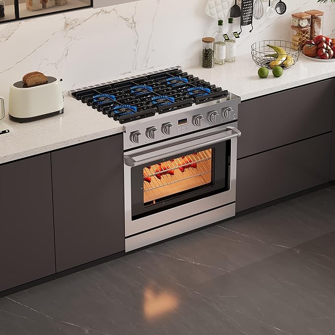 36 Inch Freestanding Dual Fuel Range Oven Stove, 6.0 Cu.Ft, Stainless Steel Electric Convection Oven with Self Clean, 6 Sealed Gas Burner for Home and Commercial Use