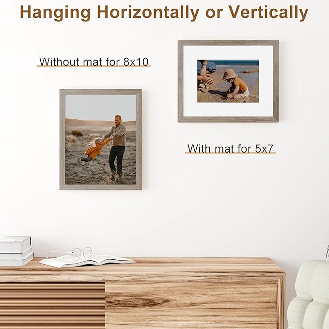 Vittanly 8x10 Picture Frame, Solid Wood Frame with Plexiglass, Includes 5x7 Mat, Wall Hanging or Tabletop for Home Decor, Light Brown, 1 Pack