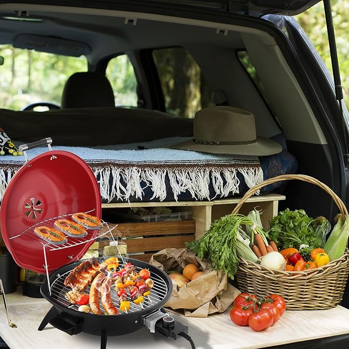 Outvita Indoor/Outdoor Electric Grill, 1600W Portable Removable Stand Grill with Double Layer Design for Countertops, BBQ, Patio & Backyard (Red)