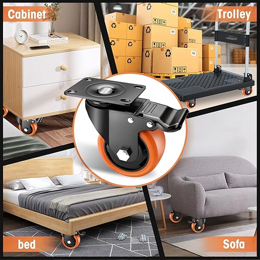 Casters, 3" Caster Wheels，Casters Set of 8 Heavy Duty - ASRINIEY Orange Polyurethane Castors, Top Plate Swivel Wheels, 8-Pack Industrial Casters with Brake, Locking Casters for Furniture and Workbench