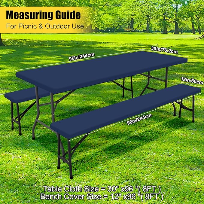 Smiry Picnic Table Cover with Bench Covers, Waterproof Elastic Fitted Polyester Tablecloths for 8 Ft Rectangle Tables, Washable Windproof Tablecloth for Camping, RV & Outdoor (Navy, 30x96 Inches)