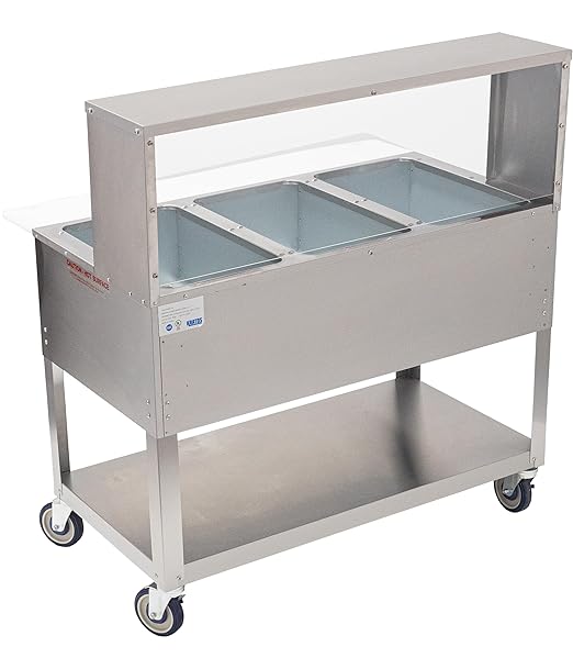Kratos Commercial Electric Steam Table/Hot Food Table with Overshelf and Sneeze Guard, 3 Wells, Stainless Steel, Mobile, NSF, 120V (28W-202)