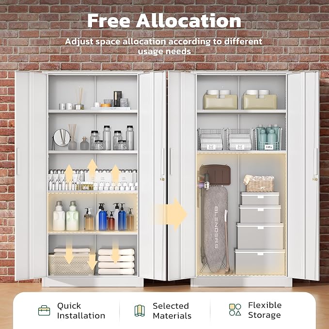 Greenvelly Metal Garage Storage Cabinet, White Steel Lockable Cabinet with 2 Doors and 4 Adjustable Shelves,Utility Metal Filing Cabinet with Lock for Home Office, Garage, Pantry, Kitchen