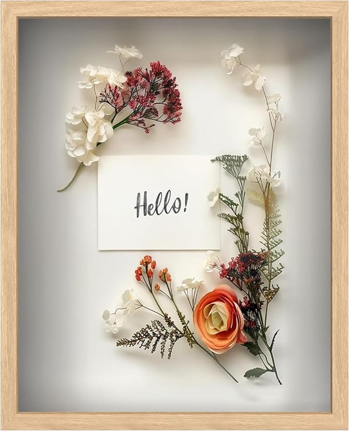 FrameWorks 16" x 20" Original Natural Oak Wooden Shadow Box Frame – Soft Felt Back, Tempered Glass, and Included Elegant White Ball Push Pins