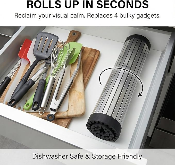 304 Stainless Steel Rollable Cutting Board – Space-Saving Over-the-Sink Workstation for RVs and Small Kitchens – Rust-Proof Heat Resistant Dishwasher Safe Non-Slip Multi-Use Prep Mat (20.6" L x 13" W)