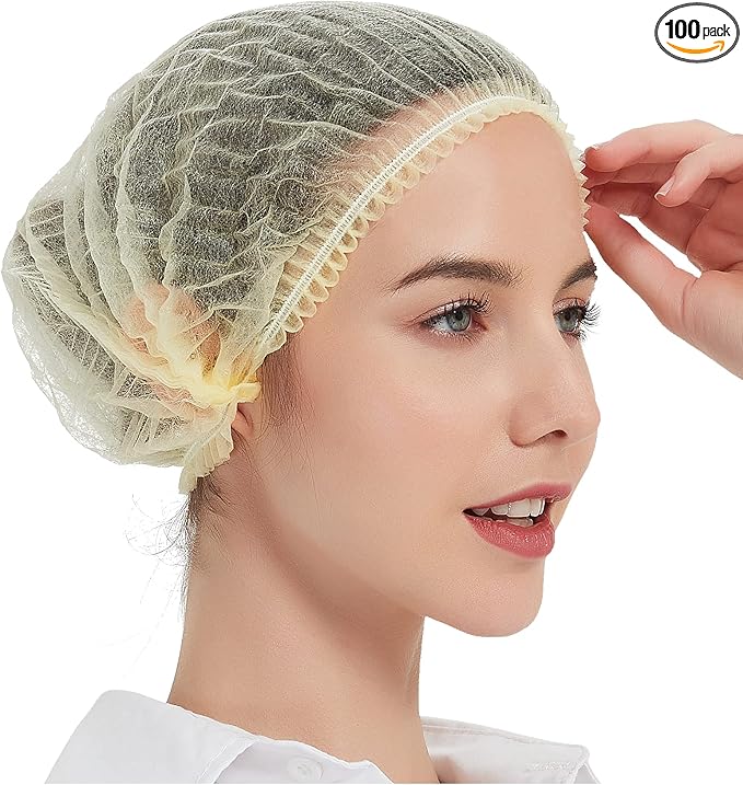 ProtectX 100-Pack Yellow Disposable Hair Nets, Elastic Head Cover, Bouffant Caps, Sanitation Head Cover for Food Service, Spa Men & Women - 21 inch