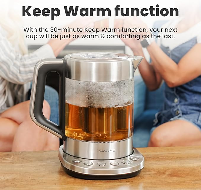 Vianté Electric Kettle With Infuser. No Plastic In Contact With Water. Hot Tea Maker With Temperature Control And Automatic Shut Off. Tea Kettle With Brewing Programs. 1.5 Liters Capacity