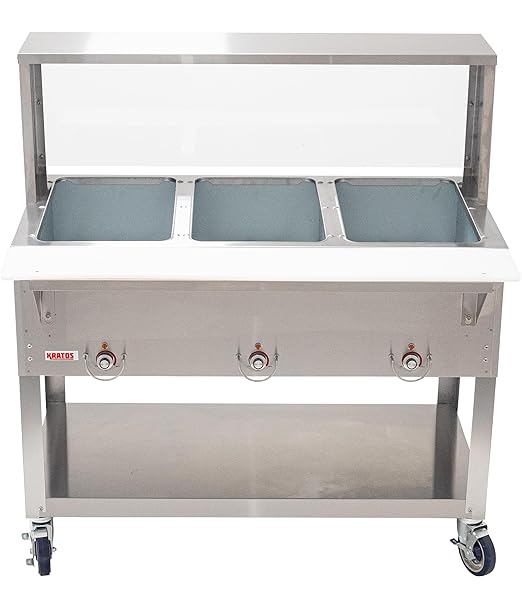 Kratos Commercial Electric Steam Table/Hot Food Table with Overshelf and Sneeze Guard, 3 Wells, Stainless Steel, Mobile, NSF, 120V (28W-202)