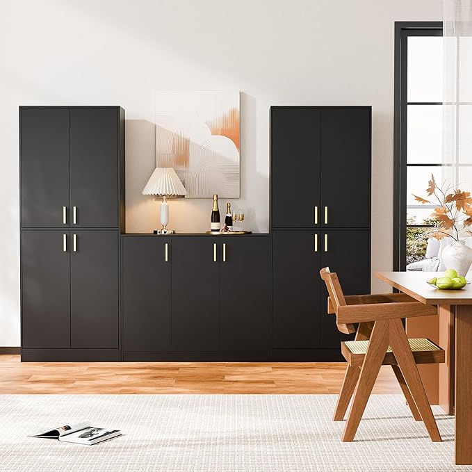 Cozy Castle Kitchen Pantry Cabinet, 71" Tall Wood Storage Cabinet with Doors and Shelves 4 Doors Freestanding Cupboard for Dining Room Living Room Bathroom Furniture, Black | Wood Storage Cabinet, 4 Doors, Utility Hutch, for Dining Room