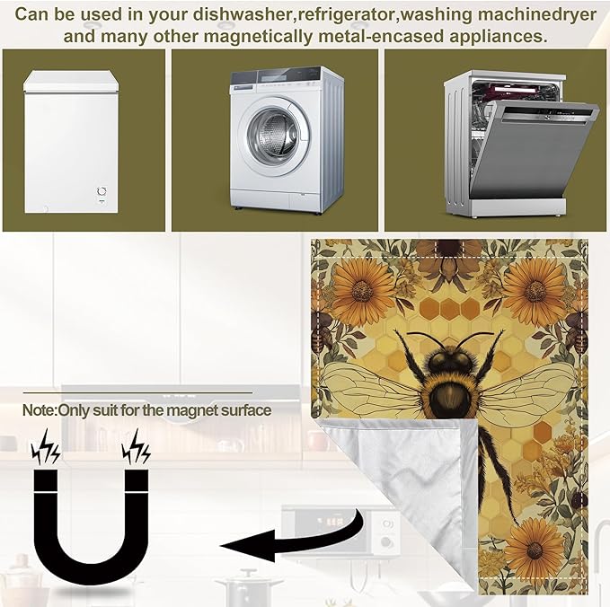 Animal Bee Dishwasher Magnets Decorative Cover,Beehive Floral Magnet Fridge Panel Decal for Home Kitchen Decor,23x26 in