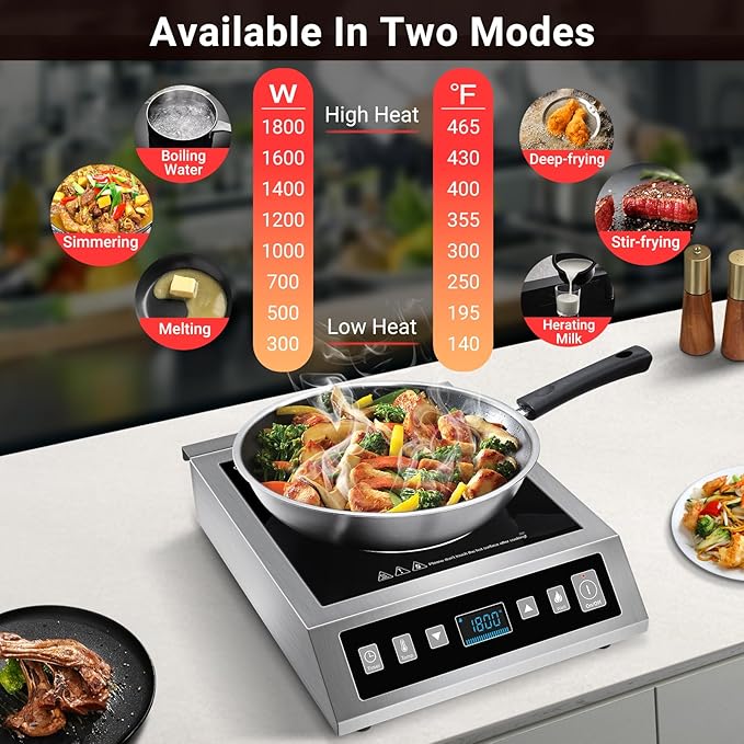 AMZCHEF Induction Cooktop Commercial, Professional Portable Burner, 1800W Countertop Stove Burner with ETL-Certified Induction Hot Plate 3 Hours Timer,8 Temperature & Power Levels,LCD Screen
