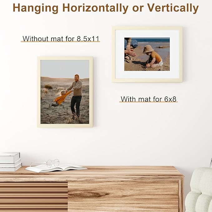 Vittanly 8.5x11 Picture Frame, Solid Wood Frame with Plexiglass, Includes 6x8 Mat, Wall Hanging or Tabletop for Photos, Home Decor, White, 1 Pack