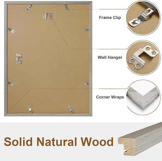 Vittanly 12x16 Picture Frame, Solid Wood Frame with Plexiglass, Includes 8.5x11 Mat, Wall Hanging for Photos, Home Decor, Grey, 1 Pack
