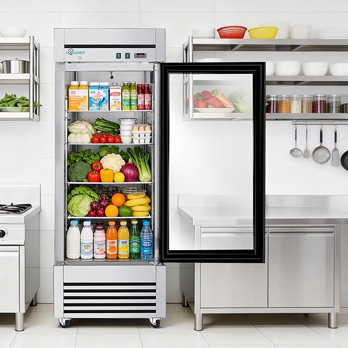 27" Commercial Glass Door Refrigerator, 23 Cu.Ft Single Door Reach-In Cooler, 33-40℉, Low-E Tempered Double Glass, 4 Shelves, R290