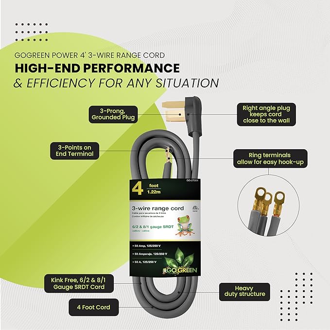 Go Green Power GG-27004 4' 3 Wire Range Cord, 30 Amp