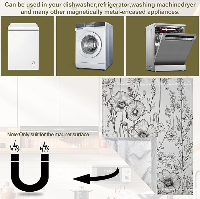 Black White Flowers Dishwasher Magnet Cover,Kitchen Decor Waterproof Refrigerator Magnet Appliance Cover Protector,23Wx26H Inches