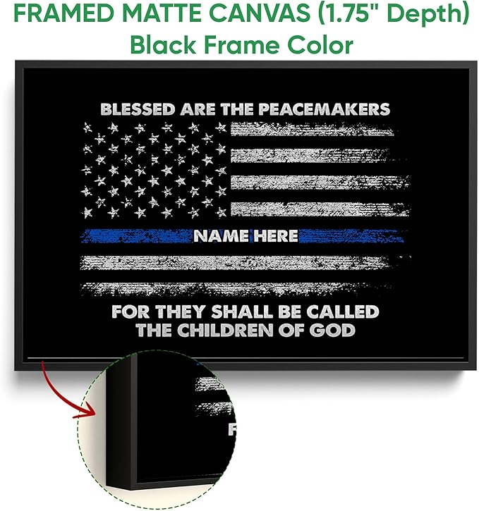 Personalized Police Poster & Framed Canvas, Blessed Are The Peacemakers Patriotic Home Office Decor, Custom Name Bedroom Living Room Aesthetic Wall Art Gift For Police Officers