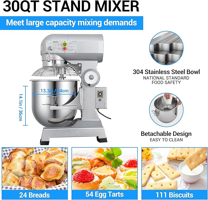 30 Qt 1250W Commercial Food Mixer, Commercial mixer 3 Speeds Adjustable Heavy Duty Stand Mixer with Stainless Steel Bowl for Bakery Pizzeria.