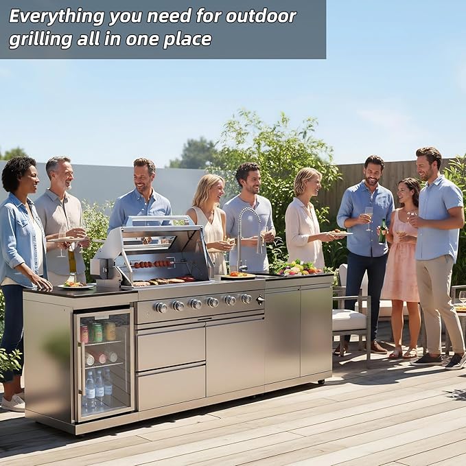 104 Inch Outdoor Kitchen Island, 7200 BTU Gas Grill Combination With Refrigerator and Sink, Outdoor Stainless Steel Barbecue Bar, Natural Gas Barbecue Grill for Patios, Gardens, Parties