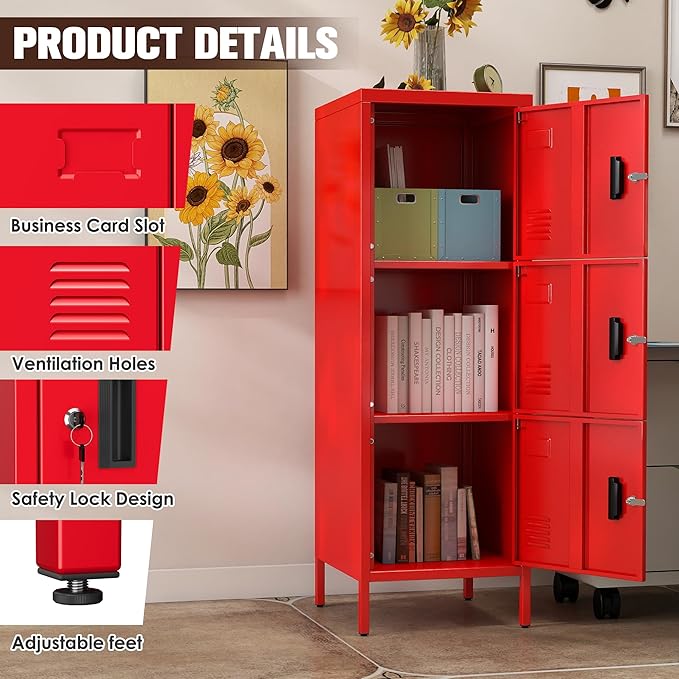 METAN Metal Storage Employees Locker with 3 Lockable Doors,47''H*16''W*16''D Locking Storage Cabinets for Small Spaces,Home,School,Gym,Assembly Required,Red