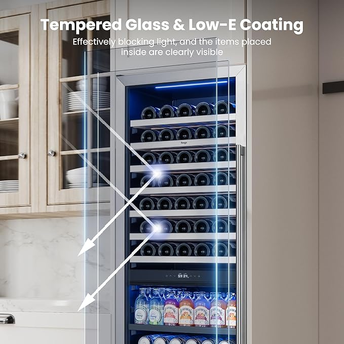 Yeego 24 Inch Wine Fridge - 77 Bottles and 182 Cans Dual Zone Wine Cooler with Glass Door, 34-65℉ Built-In or Freestanding Refrigerator with Lock and 2 Color LED for Kitchen Bar Office (Left-Hinged)