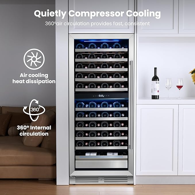 Yeego 24 Inch Wine Fridge Cooler - 89 Bottles Dual Zone Wine Cooler with Glass Door, 40-65℉ Built-In or Freestanding Wine Refrigerator with Lock and 2 Color LED for Kitchen Bar Office (Left-Hinged)