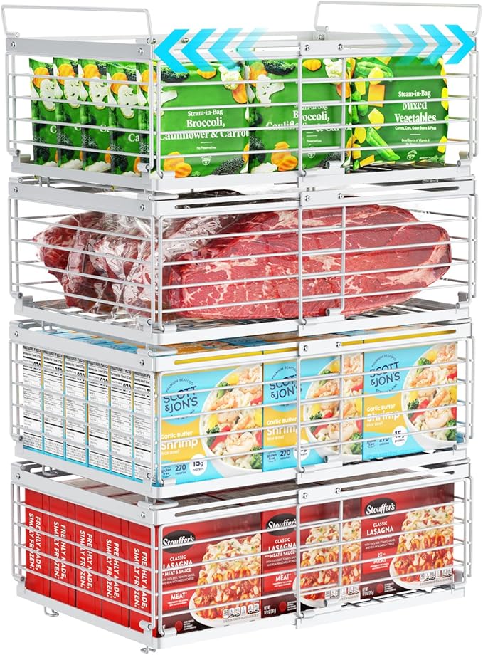 iSPECLE 4 Pack Freezer Organizer Bins, Adjustable Wire Baskets for 10 to 20 Cu.Ft Chest Freezer, Stackable Storage with Handles, Deep Freeze Organizer for Meat & Vegetables, White