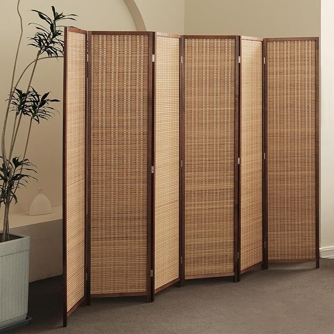 6 Panel Bamboo Room Divider and Folding Panel Screen,Bamboo Panel Divider for Room Separation,Brown,67" H x 92.1" W