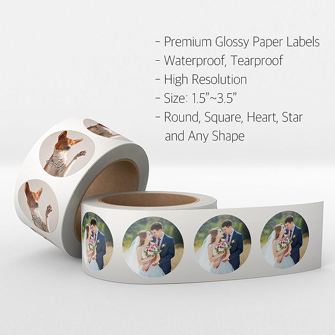 150 Roll Labels Personalized and Custom Design Stickers for Your Business Round Square Heart Star Die-Cut Any Shape and Size with Your Logo Text Image (Glossy Paper)