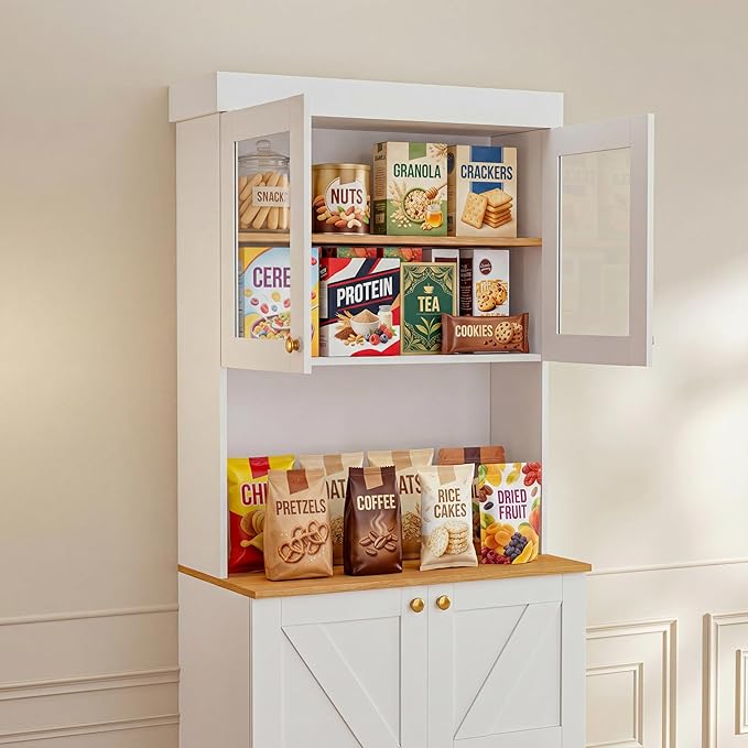 Vyre 71" Farmhouse Kitchen Pantry Cabinet Set of 2, White Freestanding Coffee Bar Hutch with Glass Doors & Adjustable Shelves, Large Storage Cabinet with Microwave Stand for Living Room & Kitchen