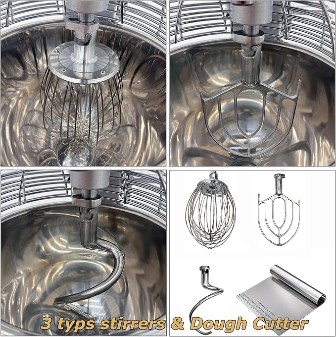 INTSUPERMAI Stand Mixer Commercial Dough Mixer Dough Kneading Machine 20L 20QT Electric Food Dough Mixer Machine with Automatic Stop Function 3 Types Hooks Whisk Beater 3 Speeds Adjustable 110V 1100W