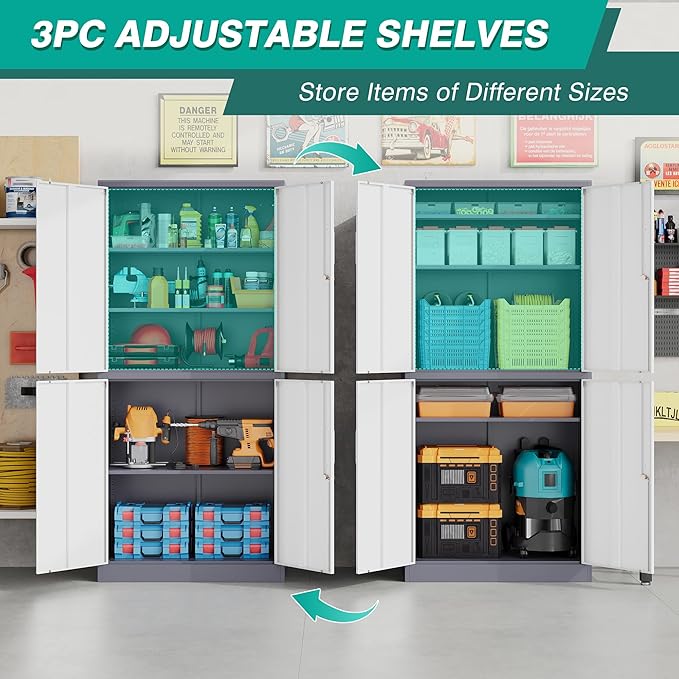 SISESOL Storage Cabinets With Doors And Shelves, 71'' Metal Garage Cabinet Locking, Adjustable Layers For Home Gym, bathroom, kitchen, office, Gray White