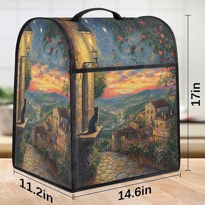 Kitchen Aid Mixer Cover Light Night Scene Cat Flower Stand Mixer Cover Compatible with 6-8 Quarts Stand Mixers, Dust Covers with Zipper Pocket Foldable Washable Kitchen Aid Organizer Bag