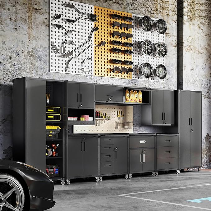 Tall Metal Storage Cabinet with Wheels Black Heavy Duty Large Metal Garage Cabinets with Adjustale Shelves Lockable Rolling Tool Cart for Warehouse Basement Kitchen, Assembly Required